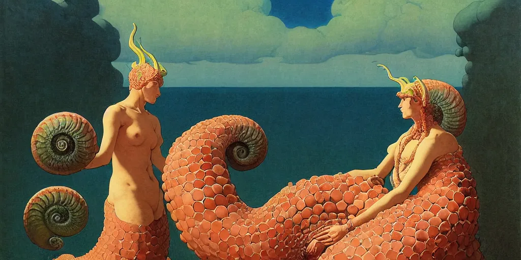 Prompt: portrait of the ammonite sorceress clad in coral armor exacts revenge, by kawase hasui, dorothea tanning, moebius, edward hopper and james gilleard, aivazovsky, zdzislaw beksinski, steven outram colorful flat surreal design