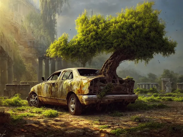 Image similar to a tree growing on a scrap car in ancient greek ruins, many overgrown scrap cars, overgrown pillars and arches, vines, flowers, hyperrealistic, highly detailed, cinematic, ray of golden sunlight, beautiful, cgsociety, artstation, 8 k, oil painting by greg rutkowski, by artgerm, by wlop