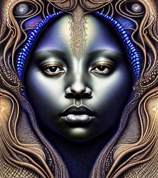 Image similar to detailed realistic beautiful black opal goddess face portrait by jean delville, gustave dore, iris van herpen and marco mazzoni, art forms of nature by ernst haeckel, art nouveau, symbolist, visionary, gothic, neo - gothic, pre - raphaelite, fractal lace, intricate alien botanicals, biodiversity, surreality, hyperdetailed ultrasharp octane render