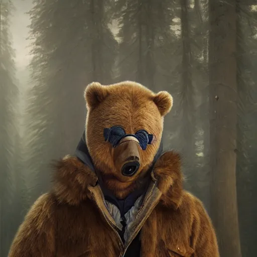 Image similar to Sad man in a bear masquerade mask, hyperrealism, no blur, 4k resolution, ultra detailed, style of Jonathan Solter, Peter Mohrbacher,Alexander Trufanov, Finnian MacManus, Ivan Shishkin