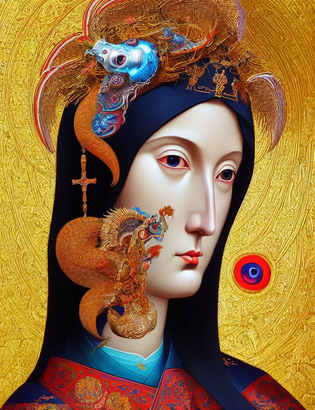 Image similar to 3 d goddess close - up profile portrait russian orthodox icon with ram skull. beautiful intricately detailed japanese crow kitsune mask and clasical japanese kimono. betta fish, jellyfish phoenix, bio luminescent, plasma, ice, water, wind, creature, artwork by tooth wu and wlop and beeple and greg rutkowski