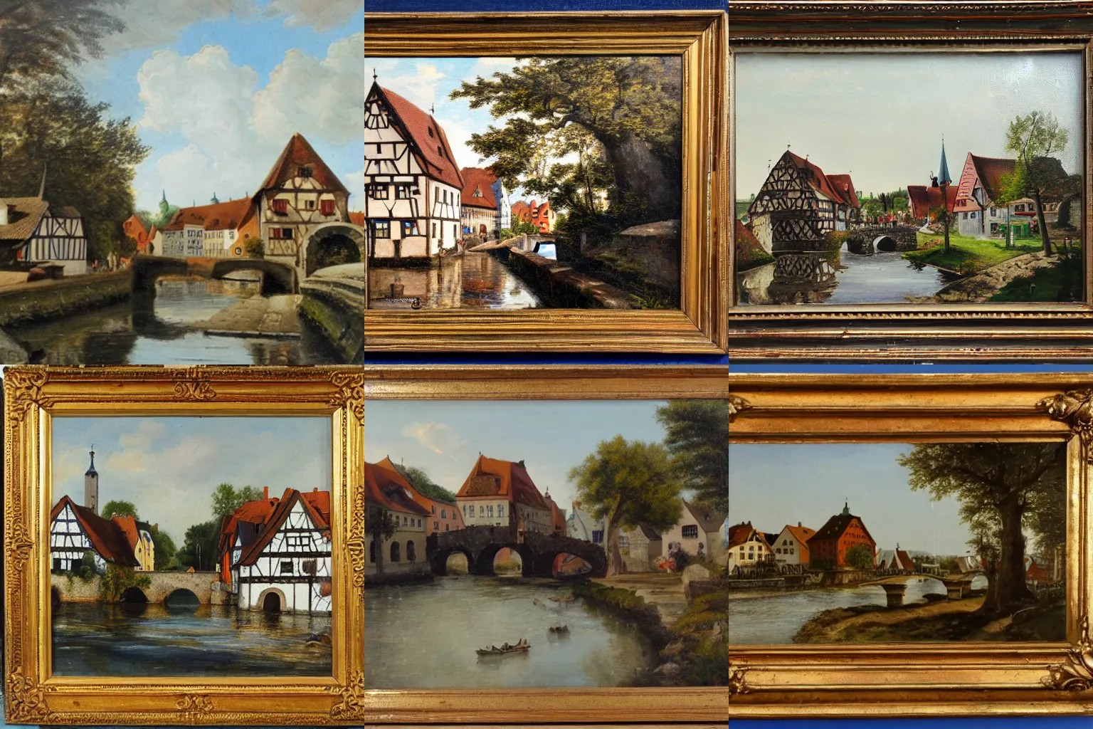 Prompt: A Hanseatic German town near a small river with a stone bridge going across it, oil painting by Günther Heinzel