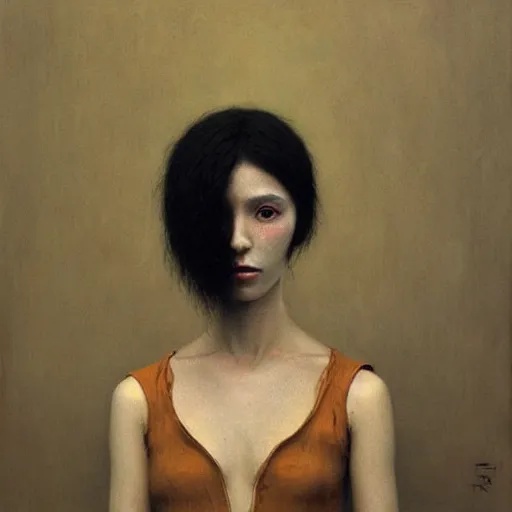 Prompt: portrait of young female in dress with pale white skin and short black hairs, full body, painting by Beksinski