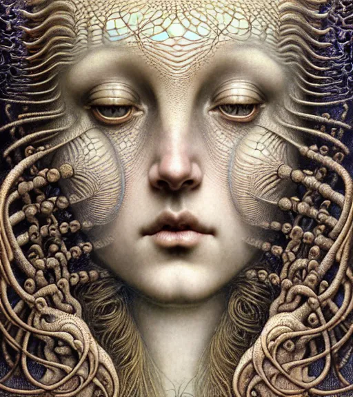 Prompt: detailed realistic beautiful opal goddess face portrait by jean delville, gustave dore, iris van herpen and marco mazzoni, art forms of nature by ernst haeckel, art nouveau, symbolist, visionary, gothic, neo - gothic, pre - raphaelite, fractal lace, intricate alien botanicals, biodiversity, surreality, hyperdetailed ultrasharp octane render