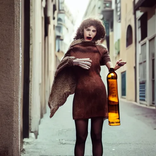 Prompt: photograph of antromoponorfic woman holding a bottle in street, surrealism, fashion shoot, award winning, kodak, 4 k, realistic intricate detail, hyper detail, woman very tired, full body potrait holding bottle, hazel green eyes, realistic, highlydetailed, natural, masterpiece, sharp focus, jennysaville