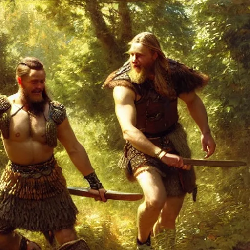 Image similar to 2 attractive male vikings frolicking in the forest. highly detailed painting by gaston bussiere, craig mullins, j. c. leyendecker, 8 k