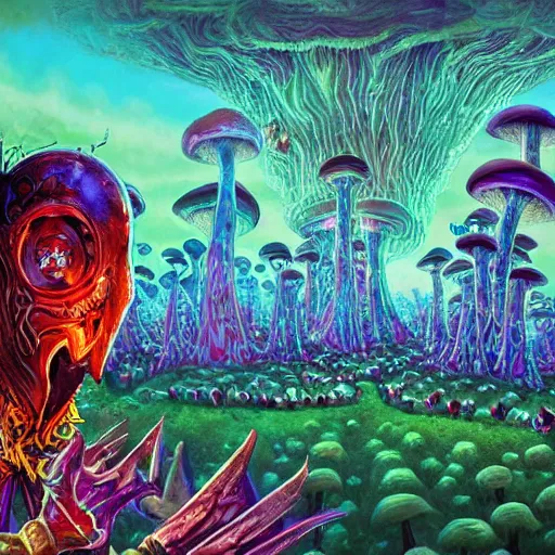 Image similar to 4 k headshot portrait of a psychedelic demonic anthropomorphic insect knight with mushroom themed clothes, magic mushroom village in background by jeff easley, award winning, stylized neon, post - processing, masterpiece, superb resolution. in the art style of junji ito and greg rutkowski. detailed mushroom city in background. hyper realistic anime. perfect art. dalle 2