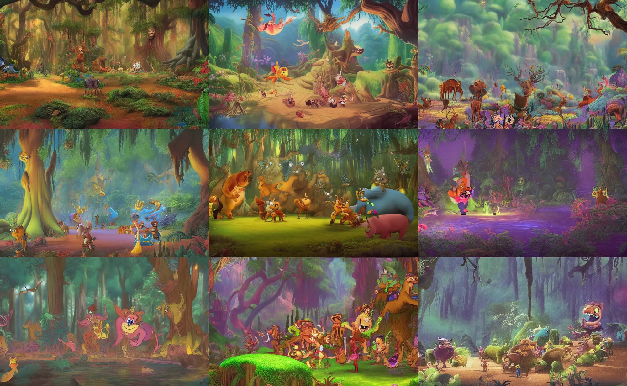 Prompt: Movie frame from the one big Instagram monster coloured Disney animated motion picture released in 1937, beautiful enchanted forest full of Instagram energy drink critters, directed by Walt Disney, highly detailed background paintings by Thomas Kinkade