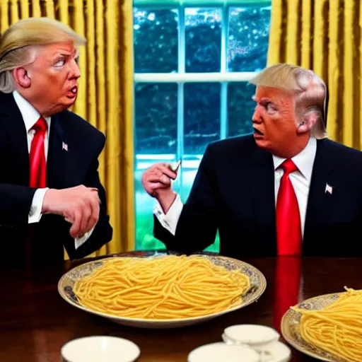 Prompt: donald trump and vladimir putin eating spaghetti like lady and the tramp