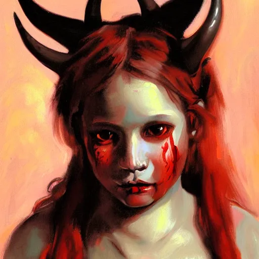 Prompt: painted portrait of a young demon girl with goat horns and red skin. oil painting, fantasy art by greg retkowski and john singer sargent, character design