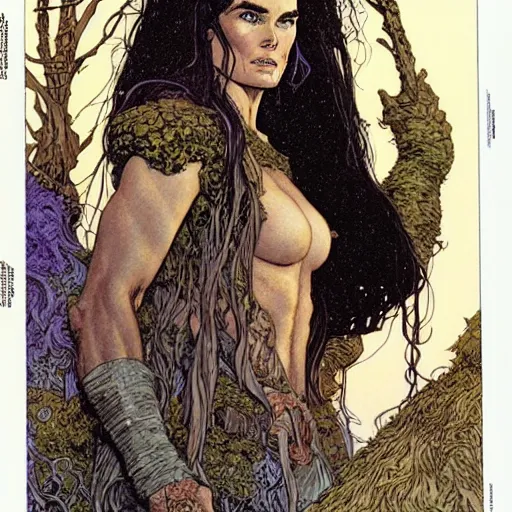 Image similar to a realistic, very beautiful and atmospheric portrait of brooke shields as a druidic warrior wizard looking at the camera with an intelligent gaze by rebecca guay, michael kaluta, charles vess and jean moebius giraud