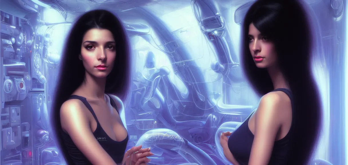 Image similar to beauty young spanish woman with long black hair in holograms of alien artifacts, electrical case display, Robocop tech, ultrarealistic, dramatic lighting, electrical details, high details, 4k, 8k, best, accurate, trending on artstation, artstation, photorealism, ultrarealistic, digital painting, style of Peter Mohrbacher, Caravaggio, Boris Vallejo