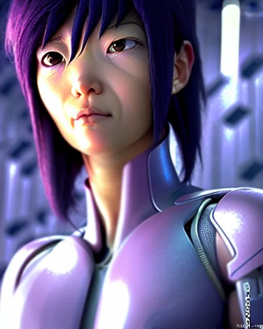 Image similar to weta disney pixar movie still portrait photo of motoko kusanagi ghost in the shell : : as cyborg woman by pixar : : by weta, wlop, ilya kuvshinov, rossdraws, artgerm, marvel, maxim cover, latex, octane render, sweaty, iridescent, bright morning, anime, liosh, mucha : :