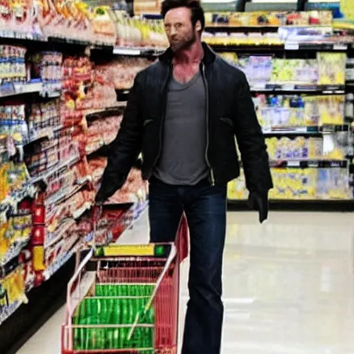 Prompt: photo of wolverine Hugh jackman in full X-men costume grocery shopping