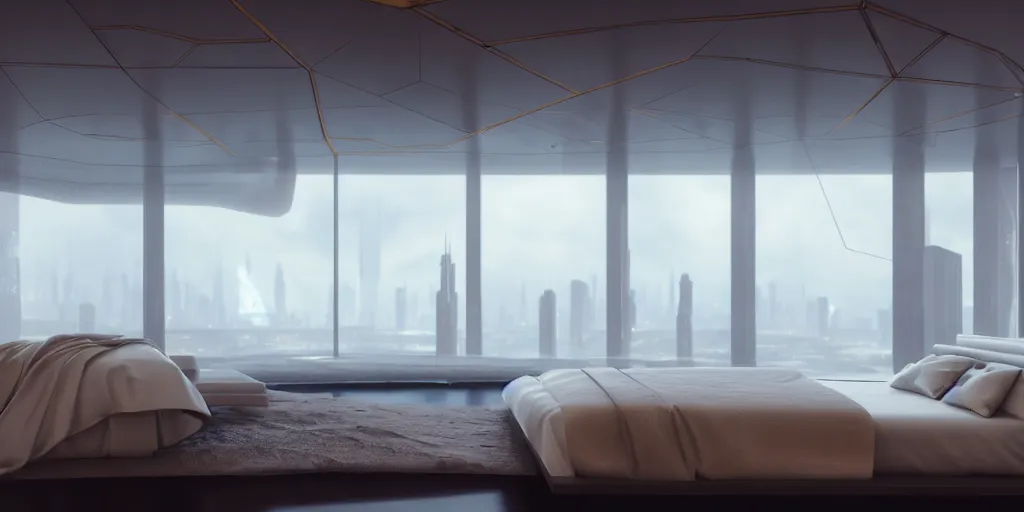 Prompt: low angle photography of a futuristic confy white bedroom, with wood and gold details and a huge futuristic single sheet glass window overlooking blade runner 2 0 4 9 city architecture, space x starship rocket launch site, environmental lighting, stormy weather, ray tracing, amazing view, highly detailed, heavy traffic, neon shops, octane render, unreal engine 5, 4 k