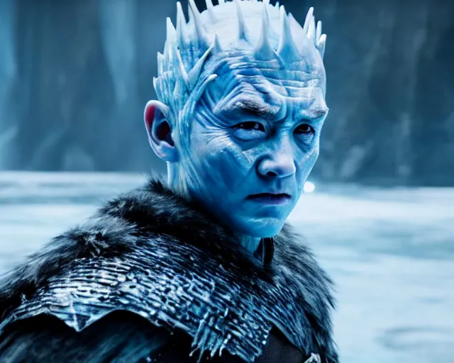 Image similar to clear ice block of justin sun as night king in game of thrones, 4 k, epic, cinematic, focus, movie still, fantasy, extreme detail, atmospheric, dark colour, sharp focus