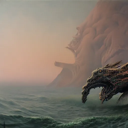 Prompt: sea monster, fantasy monster from the sea, painting, Zdzisław Beksiński , Ruan Jia, Rudolf Béres, James Zapata, Jamey 8k
