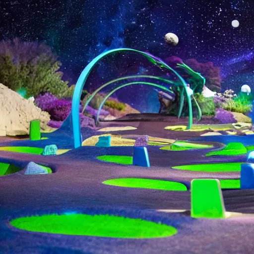 Prompt: Liminal space in outer space, mini golf course