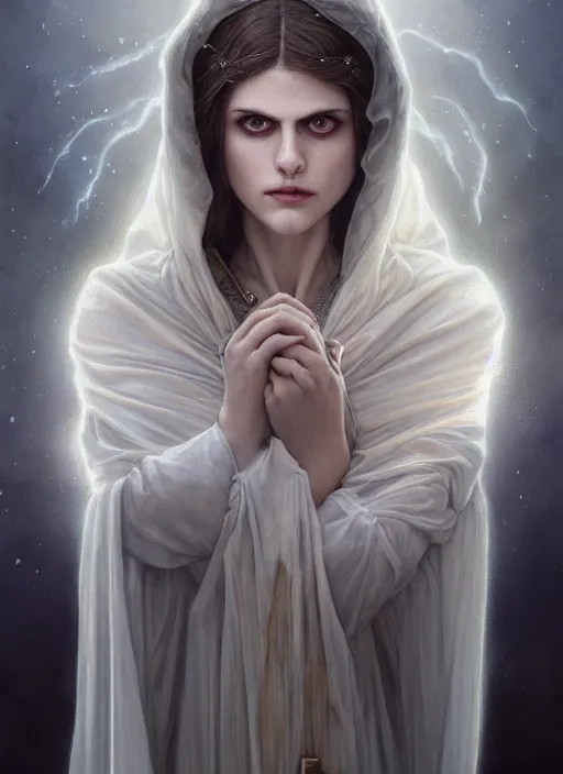 Prompt: Portrait of Alexandra Daddario, white glowing eyes, silver hair, cloak, ethereal wings, female, fantasy, extremely detailed, digital painting, artstation, concept art, smooth, sharp focus, illustration, stunning lighting, art by artgerm and greg rutkowski and alphonse mucha and simon stalenhag, realistic character concept, high fantasy, light atmosphere, golden ratio, cinematic lighting, hyperdetailed, high resolution, insanely detailed and intricate, artstation, Marc Simonetti, Greg Rutkowski, 8k