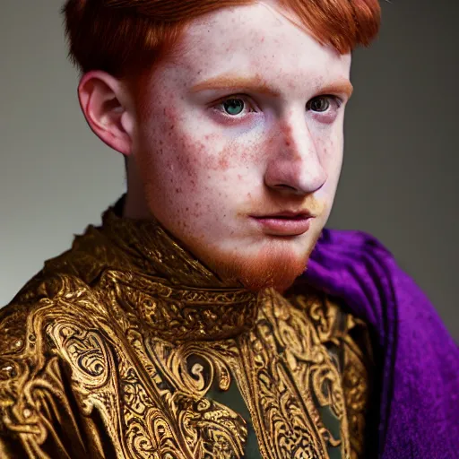 Image similar to A regal close-up, studio photographic portrait of a young man with auburn hair and freckles wearing a purple gilded medieval byzantine tunic, neutral flat lighting, overcast, hard focus, shot on a Sigma 135mm camera, featured in life magazine