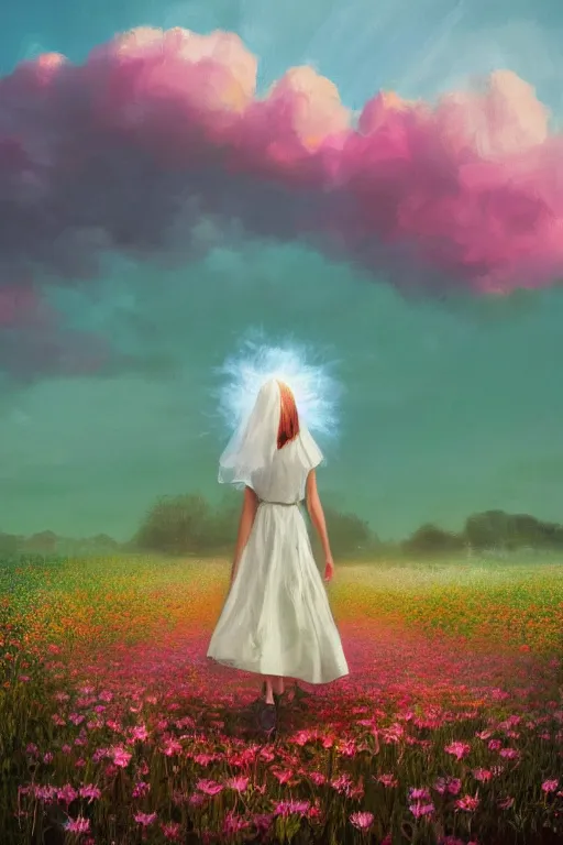 Image similar to large white daisy flower face, girl with veil walking in a flower field, surreal photography, sunrise, dramatic light, impressionist painting, colorful clouds, digital painting, artstation, simon stalenhag