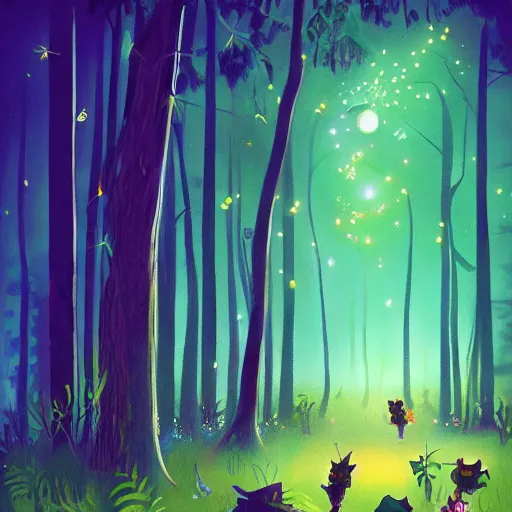 Prompt: magical forest at night with fireflies, detailed illustration, trending on artstation, complimenting colors