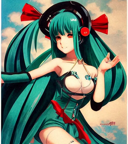 Prompt: Anime art very beautiful Hatsune miku by Gil Elvgren, Earl Moran, Enoch Bolles, symmetrical shoulders