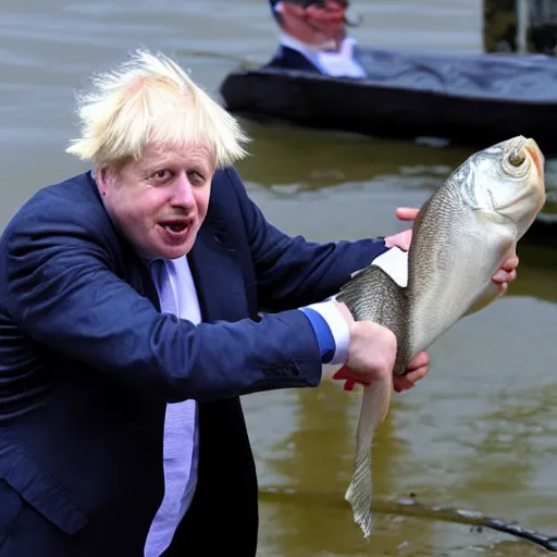 Prompt: Boris Johnson being slapped in the face by a fish