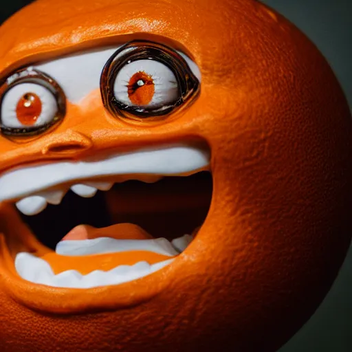 Image similar to a taxidermized annoying orange. in a museum. 8 5 mm lens. 7 0 mm entrance pupil diameter