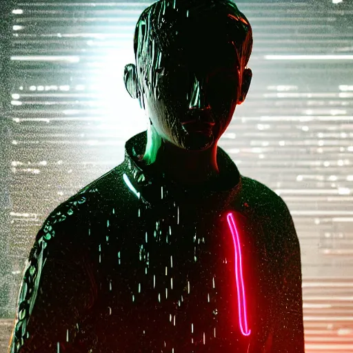 Image similar to a human made out of rain, neon, rendered in octane, unreal engine, realistic