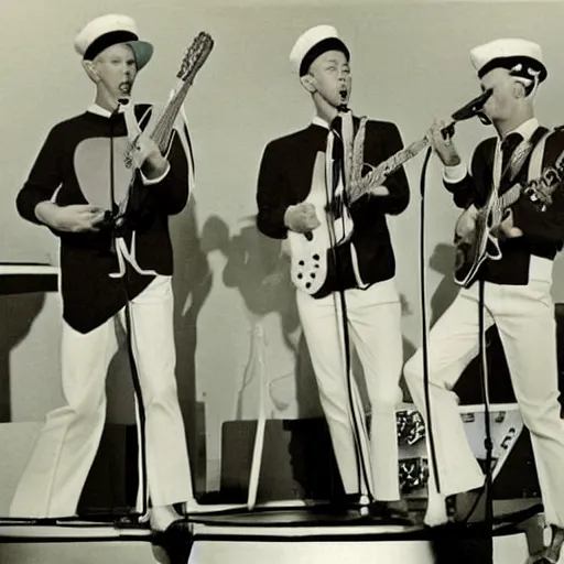 Prompt: 1 9 6 0 s photograph of a group of 4 white males performing rock music live on tv, dressed in peppermint themed sailor outfits with wide brim hats, tv studio