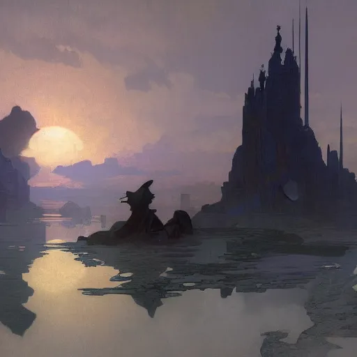 Image similar to Concept art, the sky at dusk, 8k, alphonse mucha, james gurney, greg rutkowski, john howe, artstation