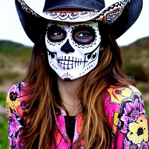 Prompt: in the style Diego Fazio, mila kunis, skull paint, dia de Los muertos, trenchcoat, day of the dead, full body, smiling, cowboy hat