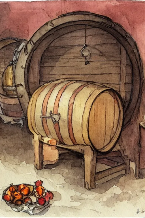 Image similar to pork schnapps wine candle on a barrel in a cellar, watercolor painting by anderz zorn and carl larsson
