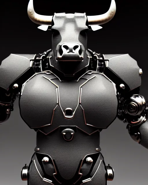 Image similar to a full body shot of an imposing cyborg bull modeled after a bull looking into the camera, contrast lighting, black skin!!!, intricate pattern, hard rubber chest, highly detailed, android, cyborg, full body shot, intricate, 3 d, symmetrical, octane render, fantasy, highly detailed, digital art, artstation, strong bokeh, black face