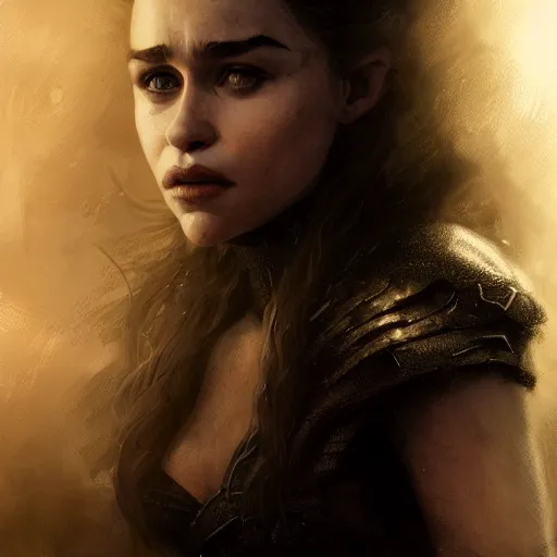 Image similar to emilia clarke, film nior, darkwave, darksynth character portrait, sharp, digital matte painting, art by luis royo, greg rutkowski, wlop, dramatic lighting, trending on artstation