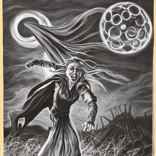 Image similar to epic fantasy painting of the wicked witch of the west summoning magical energy in order to shoot a huge fireball ; action pose, intense screaming expression, oz series, played by margaret hamilton, thatched worn rooftop background