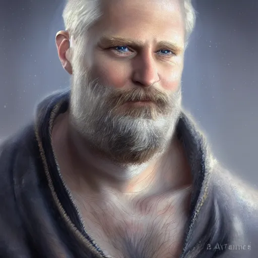 Prompt: middle aged man, vivid blue eyes, bushy blonde beard, digital painting, lots of details, extremely detailed, 4 k, intricate, brush strokes, mark arian, artgerm, bastien lecouffe - deharme