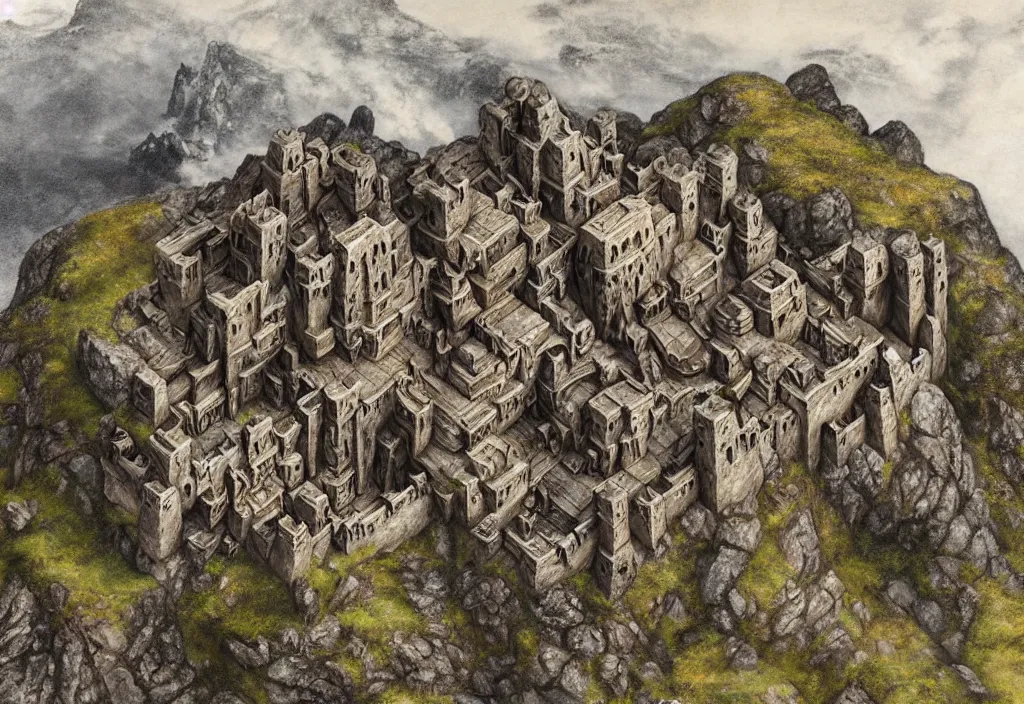 Image similar to aerial view of a dwarven fortress chiseled into the side of a rocky cliff, a matte oil painting, by tolkien, epic, medieval fantasy, mountain halls, high winds, torches, waterwheels, windmills, runes, ornate jewels, trading depots, extremely detailed, sharp focus