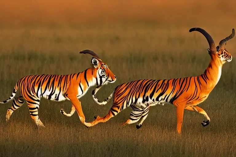 Image similar to an antelope and a tiger, the antelope is chasing the tiger golden hour, 6 0 0 mm, wildlife photo, national geographics