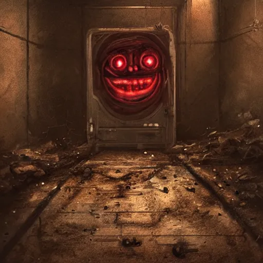 Image similar to photo of an abandoned dirty cyborg sitting in the floor, looking at the camera and smiling with a creepy face in a basement by Greg Rutkowski, dark, creepy, horror, disgusting, dust, brown scheme color, uncanny valley, full shot, photo photo, depth of field, red eyes, highly detailed face