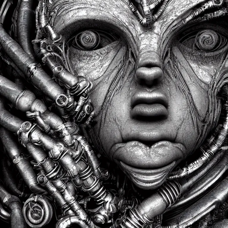 Prompt: surreal biomechanical spinal ribbed tribal exotic organic face portrait detail of mechanical cyborg, beautiful detailed intricate insanely detailed BW 3D render digital art, octane render, 8K artistic photography, photorealistic