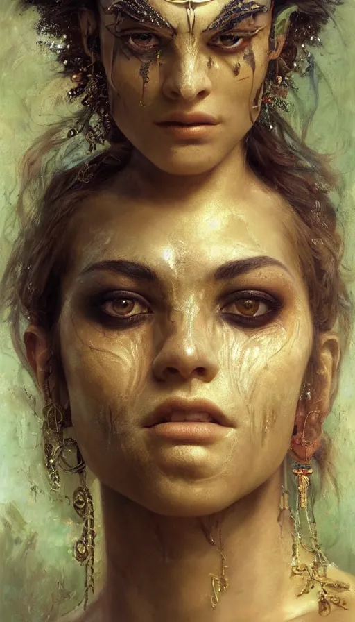 Image similar to epic masterpiece portrait of a beauty, tribal makeup and jewelry, sweaty skin, hyperrealistic, octane render, cinematic, beautiful face and flawless skin, perfect hands, emeralds by Edgar Maxence and Ross Tran and Michael Whelan, Legends of Runeterra