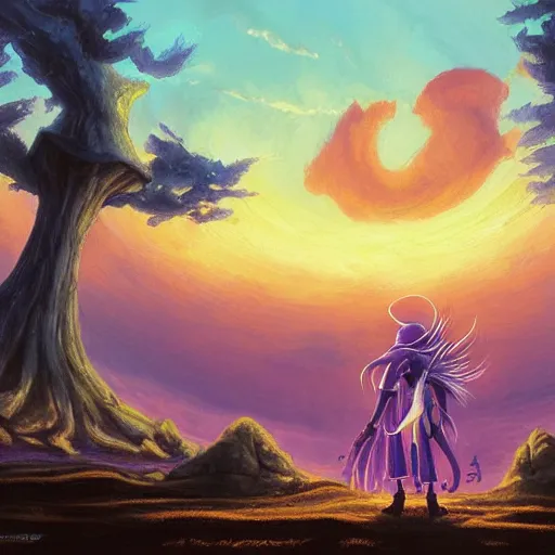 Prompt: painting of black mage!!!!!!! from final fantasy 9!!!!!, watching a purple and orange sunset!!, from the black mage cemetery!!!, in the style of justin gerard!!!!, pine trees, hilltop