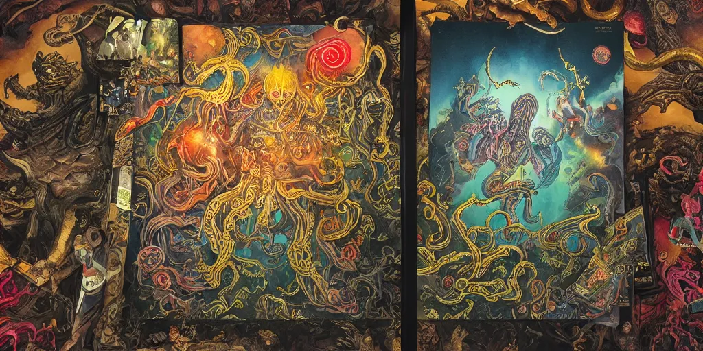 Image similar to rainbow paper + tarot card + Giant Muscular Cthulhu wearing Samurai outfit, vintage detailed fantasy illustration painted by Dan Witz, Artgerm, Eldritch, John Howe + intricate ink illustration, ornate, highly detailed + digital painting + 4k + HDR + concept art, smooth, sharp focus, psychedelic black light style + symmetry + bloodborne + trending on artstation