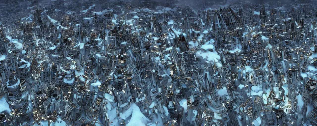 Prompt: haunted alien city of impossible towers and gravity - defying megastructures in the mountains of antarctica, upward angle, extremely hyperdetailed, photorealism, 8 k, 8 mm, deerie night lighting, lovecraftian