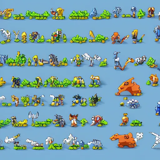 Image similar to Digimon inspired animals orthographic isometric 16-bit sprite sheet