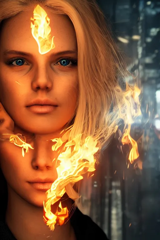 Image similar to gorgeous young blonde woman playing with flames coming out of her eyes wearing t-shirt, cyberpunk, realistic, high definition, many details, dramatic scene, symmetrical face, realistic eyes, unreal engine art 5