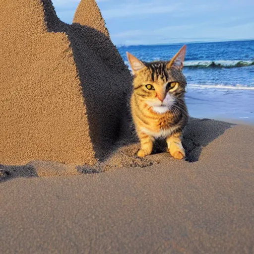 Image similar to a tabby cat building a sandcastle on the beach