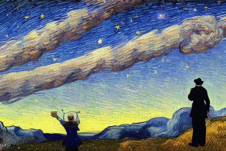 Image similar to a person looking at the night sky with clouds and stars, colorful, beautiful, national geographic, ultradetailed, 4k, astrophotography, cinematic lighting, oil painting, canvas, Theodor Kittelsen, Vincent van Gogh